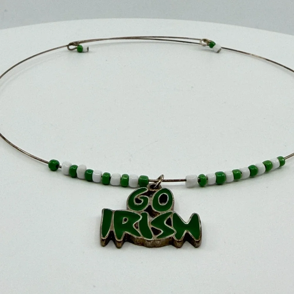 Green White Beaded Go Irish Pendant Wire Choker Necklace St Patrick's Day Gift